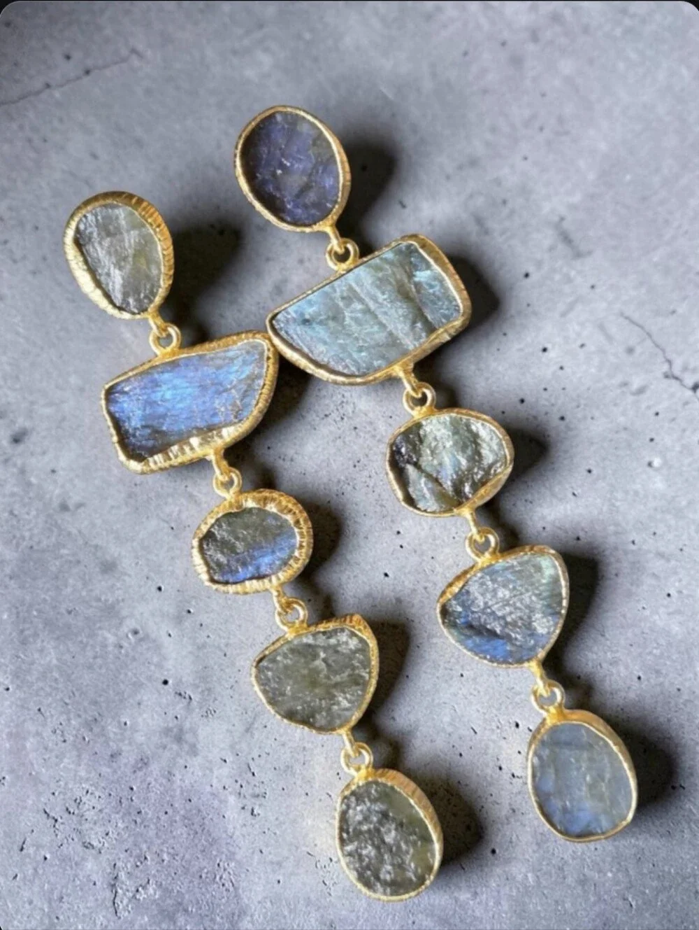 22k Gold Plated Fabulous Genuine Raw Labradorite Stone Crystal Dangle Earrings
